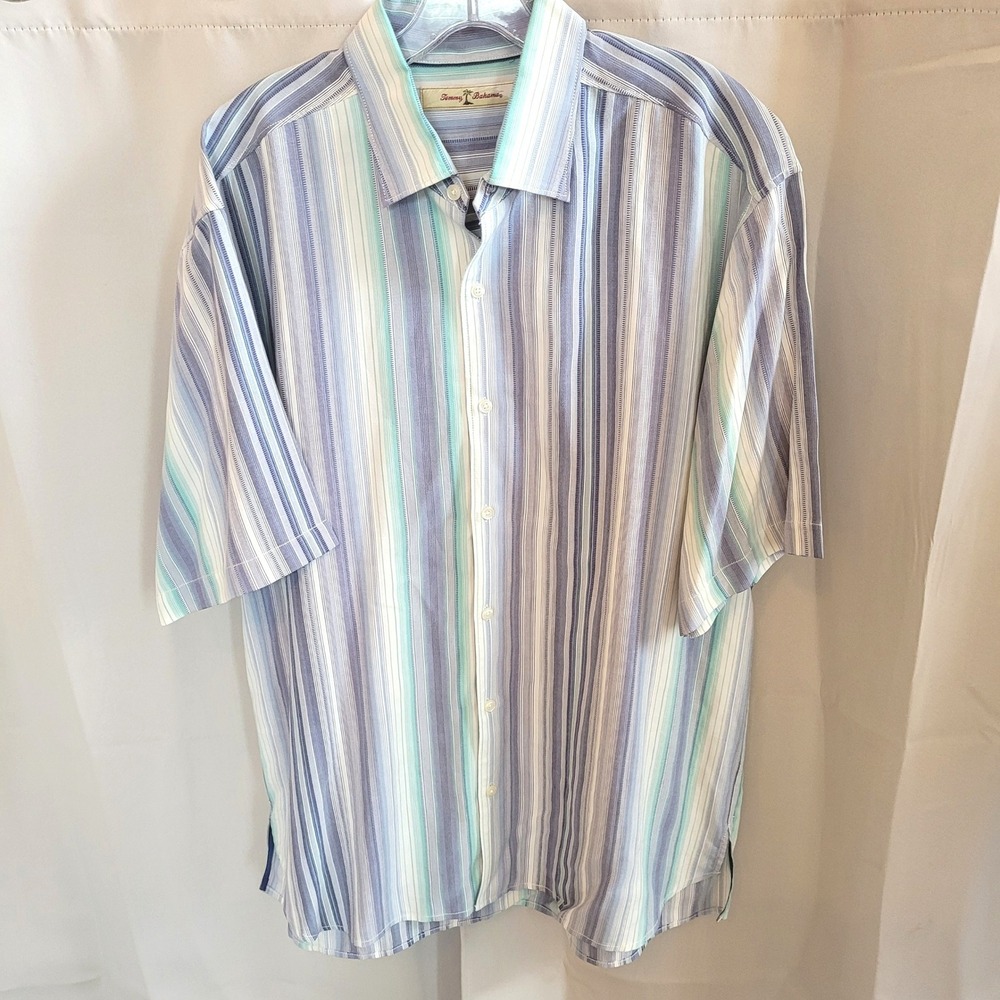 Tommy Bahama Men Button Up Shirt Large Tencel Striped Tropical Beach Retro 21802